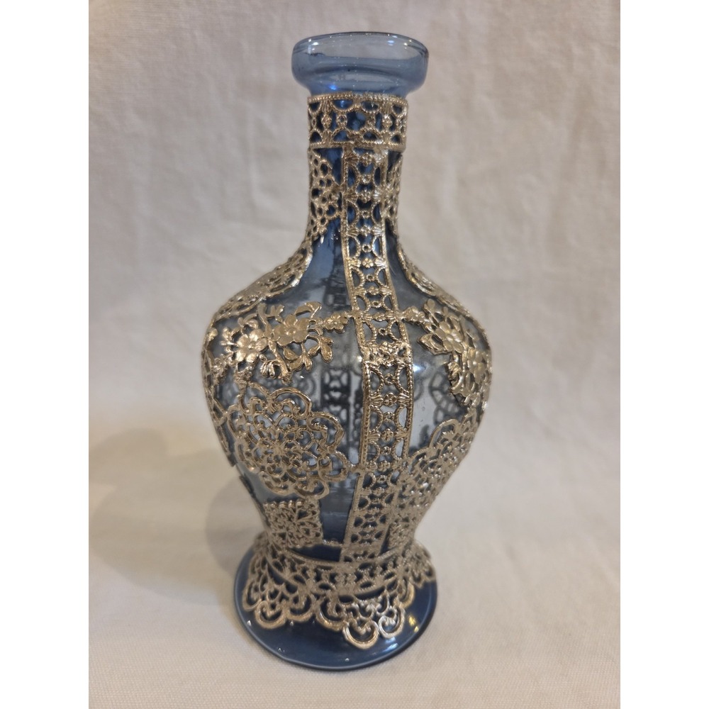 Cobalt Blue Glass Decorative Bottle Vase Gold Tone Filigree Floral 8"